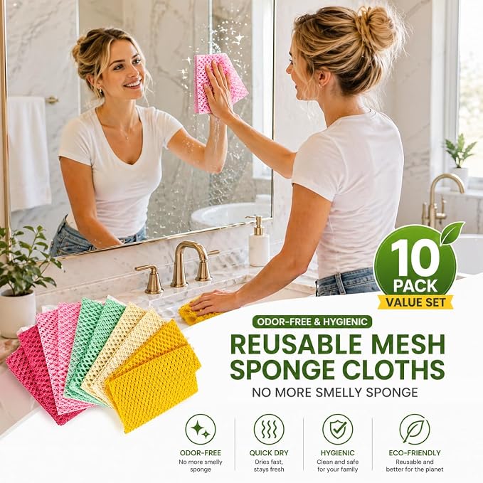 OliviaTree Dish Scrubber 10 Pack, Non Scratch Reusable Mesh Scrub Cloth for Dishes Pots Pans Sink, Quick Dry Odor Resistant Sponge Alternative, Korean Kitchen Cleaning Pad 11x11 Inch