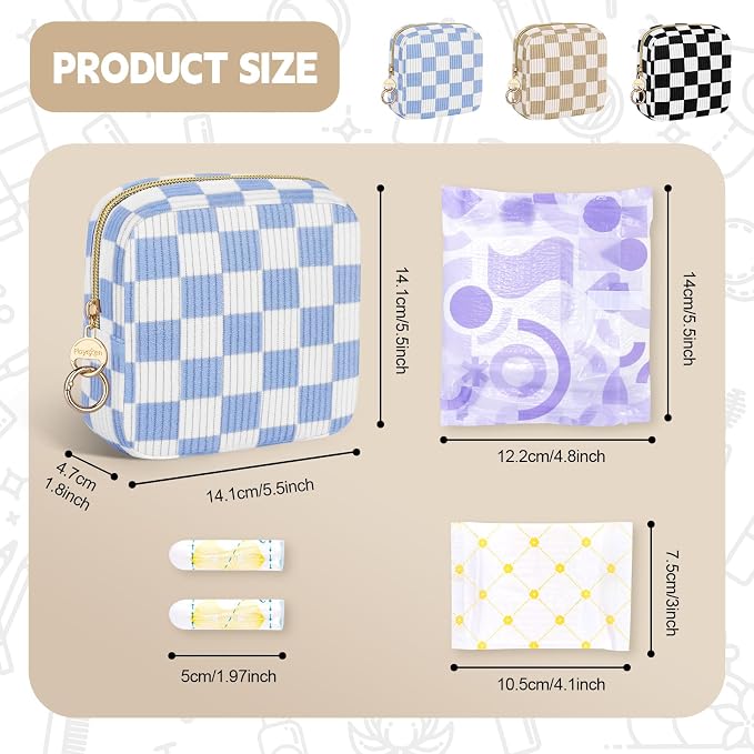 Checkered Period Bag for Teen Girls, Corduroy Sanitary Napkin Storage Bag with Ring Buckle, Cute Menstrual Pad Pouch Tampon Holder for Purse (Checkered-Black)