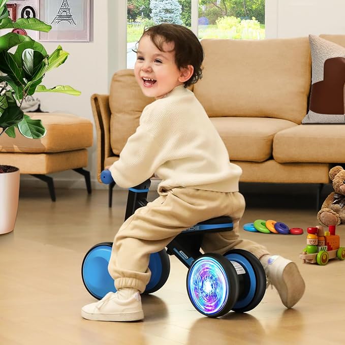 Colorful Lighting Baby Balance Bike Toys for 1 Year Old Boys Gifts, Toddler First Bike 12-24 Months with Adjustable Soft Seat, 4 Silent Wheels Ride on Toy, Perfect First Birthday Gift