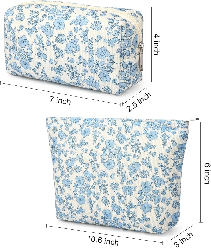 SOIDRAM 2 Pcs Makeup Bag Large Cosmetic Bag Toiletry Bag Makeup Pouch Travel Bag Organizer Cute Makeup Brushes Aesthetic Accessories Storage Bag for Women Blue Floral