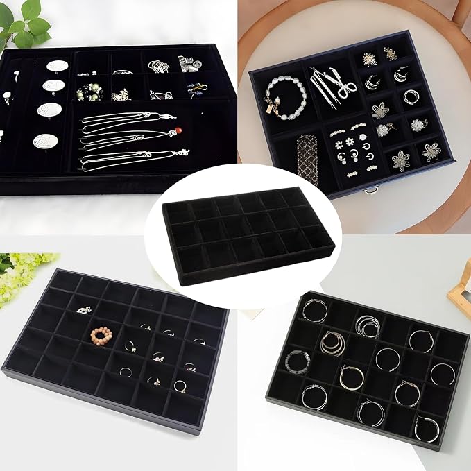 Velvet Jewelry Organizer Tray, Black 18 Grids | Stackable Jewelry Storage Display Tray with Removable Dividers for Drawer Dresser Cloest Organizer