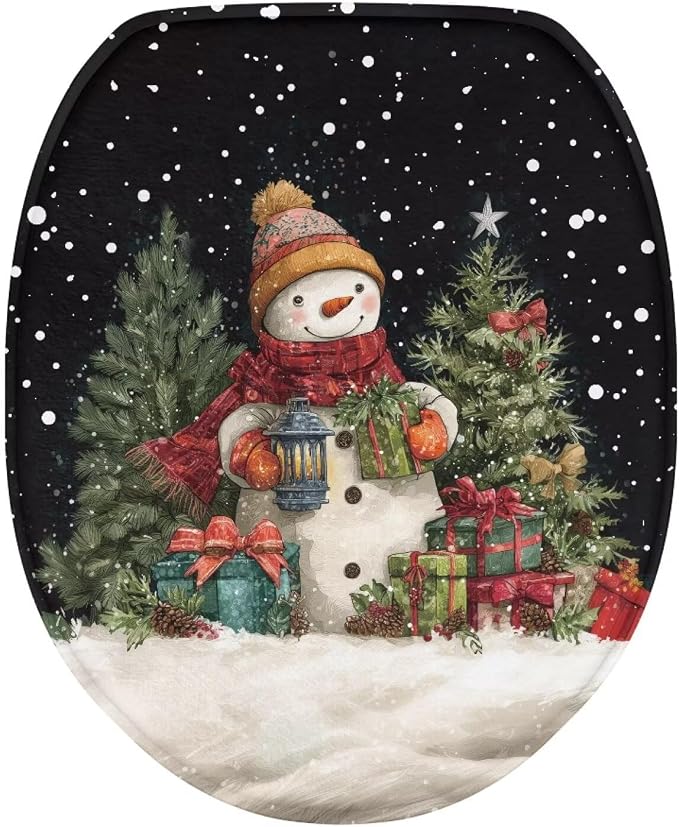 Christmas Snowman Toilet Lid Cover, Flannel Machine Washable Toilet Seat Cover, Comfortable, Soft and Dustproof Toilet Lid Cover