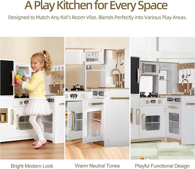 Play Corner Kitchen, Ultimate Interactive Wooden Kids Playset with Light, Montessori Pretend Play Toys, Kids Cooking Playset for Girls & Boys Ages 3+(White)