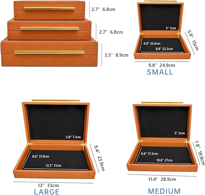 Faux Shagreen Stackable Decorative Velvet Lining Storage Boxes Set of 3 | Jewelry Organizers With Gold Metal Handles, Modern Burn Orange Box for Vanity, Entryway & Coffee Table Décor