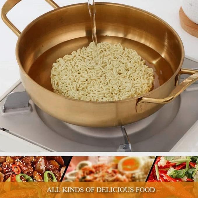 Korean Ramen Noodle Pot, Stainless Steel Golden Ramen Cooker with Handles, Portable Kitchen Cooking Pot for Kitchen Outdoor Cooking (18CM)