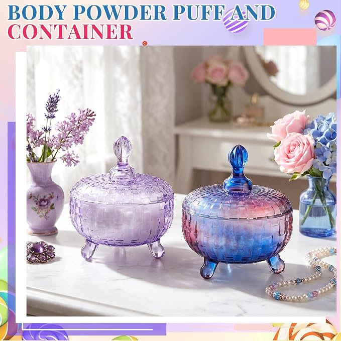 Tioncy 2 Set Extra Large Body Powder Puff and Container, 6'' Washable Vintage Decorative Crystal Powder & Container Gift for Bathroom Counter & Feminine Vanity Decor(Weave Design,Gradient and Purple)
