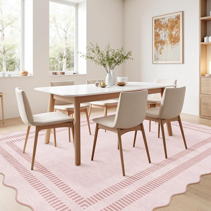 Pink Rugs for Bedroom Girls, 5x7 Washable Non Slip Area Rugs for Living Room, Soft Vintage Ultra-Thin Scalloped Carpet for Nursery Dorm Home Decor