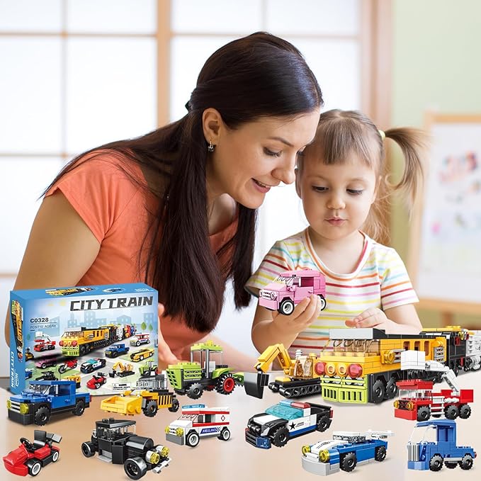 16 Pack Building Blocks Party Favors for Kids, Lego-Compatible 2 in 1 710pcs Building Kits Mini City Vehicles Include Police Car & Train, Christmas Toy Gifts Goodie Bag Filler Stuffers for Boys Girls