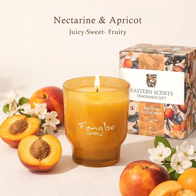 Nectarine Apricot Scented Candle, Decorative Colored Glass Jar with Natural Soy Wax, Aromatherapy Non Toxic with Essential Oil, Relaxing Candle Gift for Women, Candles for Home Scented