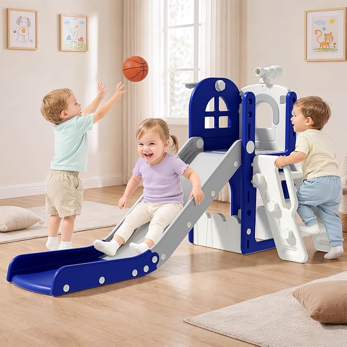 Babytronic Toddler Slide for Kids 1-3, 6-in-1 Toddler Slide Set with Basketball Hoop & Telescope, Indoor Outdoor Toddler Playset, Kids Climber Playset for Small Spaces, Indoor Playground, Blue & Gray