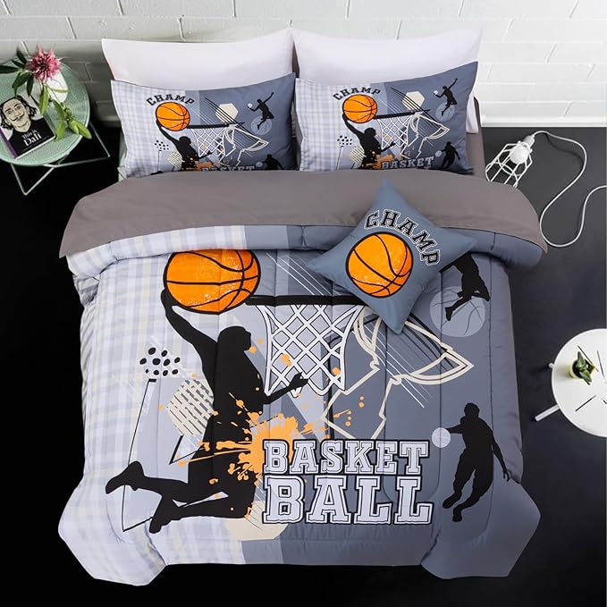 A Nice Night Twin Comforter Set 6 Piece Bed-in-a-Bag with Comforter & Sheet Set for All Seasons,Basketball Court with Sportsman Slam Dunk Printing for Kids Teen Boys,Gray