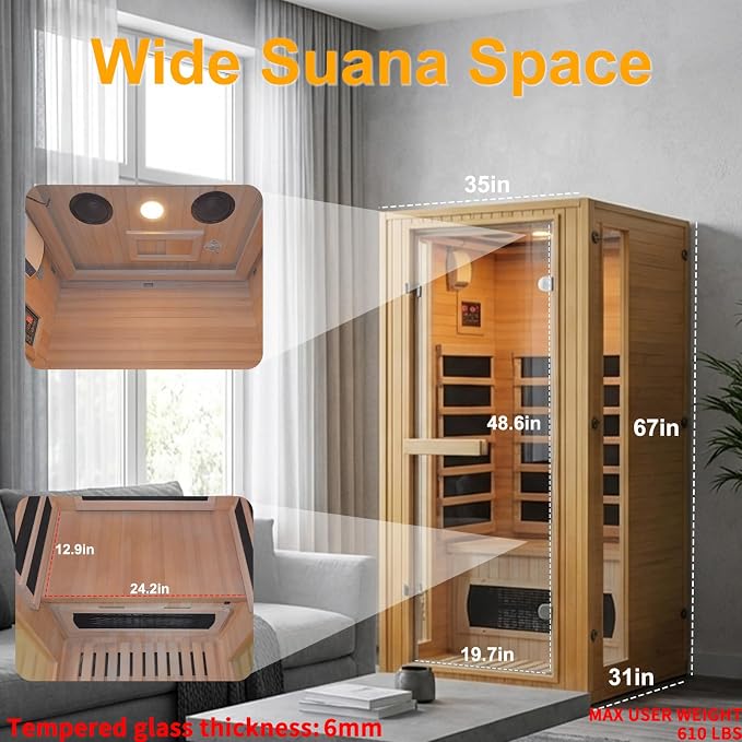 Home Infrared Sauna Room 1 Person Wooden Canadian Hemlock 1260W Low Magnetic Graphene Carbon Plate Heater Indoor Saunas (1-2 Person 34.25 * 31.1 * 66.9in)