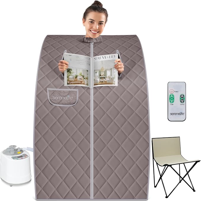SereneLife Portable Steam Sauna - One Person Full Body Compact Home Sauna Tent with Foldable Chair, 122°F, 60 Min Timer, Ideal for Stress Reduction, Wellness, and Personal Care, Gray