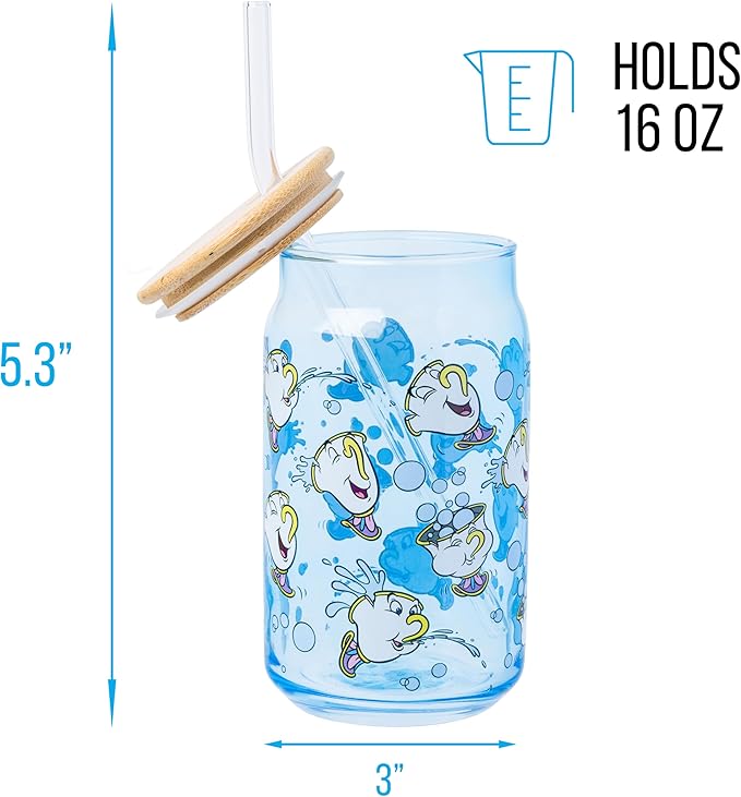 Silver Buffalo Disney Beauty and the Beast Featuring Chip Teacup Blue Glass Jar Tumbler with Bamboo Lid and Glass Straw, 16 Ounces