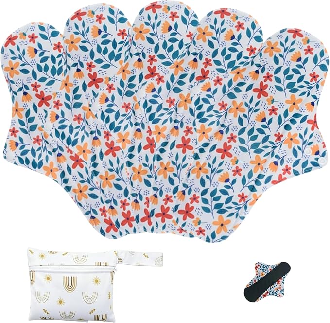 Reusable Incontinence Pads,Mesh Cotton Fabric Washable Menstrual Pads,Panty Liners Pads,Period Sanitary Napkins,with 1 Storage Bag,for Women/Postpartum/Incontinence(Little Flower/XL/5pcs)