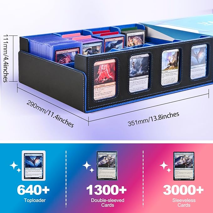 UAONO Trading Card Storage Box with Commander Display; 2400+ Deck Box for MTG with Removable Cover; Top Loaders Card Case fits Magic TCG PTCG Sports Cards; 24 Dividers, 4 Stoppers (Black, Blue)