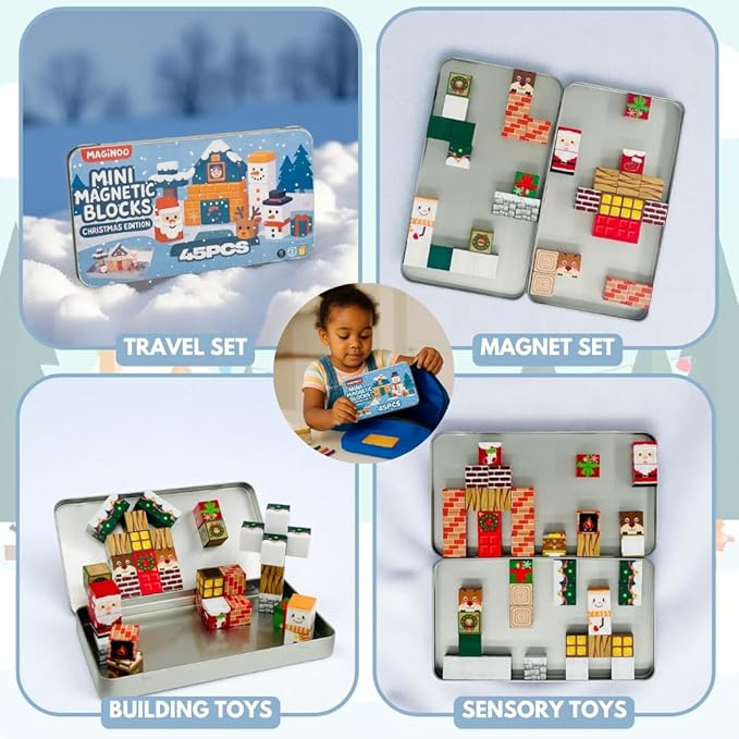 45PCS Mini Magnetic Blocks Travel Set – Christmas STEM Toddler Toys in Iron Box, Educational Building Cubes for Kids Ages 3–8, for Boys & Girls