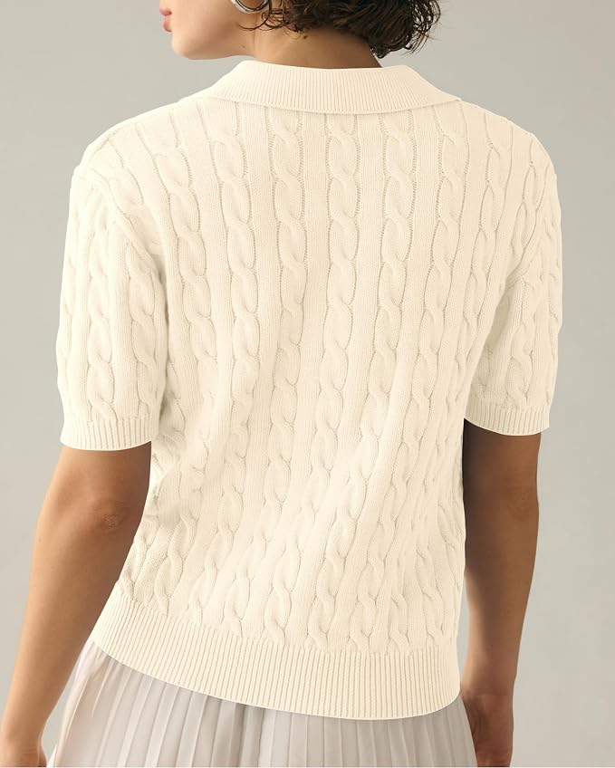 Imily Bela Womens Cable Short Sleeve Sweaters Tops Lapel V Neck Knit Shirt | Solid,Knit Casual,Soft Pullover,Fall Sweaters,Womens Summer Work Tops