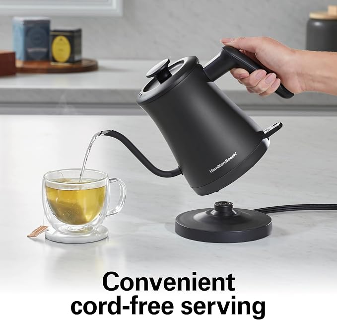 Hamilton Beach Compact 20 oz. / 0.6 Liter Gooseneck Electric Kettle for Boiling Water, Pour Over Coffee, Tea, 1200 Watts, Stainless Steel BPA-Free Interior, Black (41046)