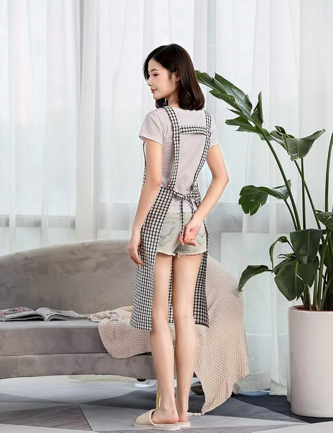 NEWGEM 100% Cotton Cute Plaid Apron with Pockets - Korean Style H-Back Cat Pinafore for Kitchen Cooking, Housewife (Black/White Cat)