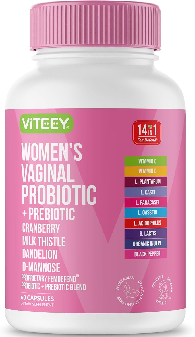 Viteey Vaginal Probiotic for Women - 14in1 FemDefend | Women’s Probiotic + Prebiotic with Cranberry & D Mannose – Vaginal Health & Urinary Tract Support Supplement – 60 Capsules