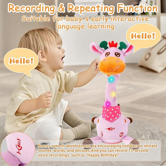 Dancing Talking Singing Giraffe Baby Toy, Tummy Time Toy Giraffe Stuffed Animal with Volume Adjustment, Singing 10 Children's Songs Light Up Toys, Repeating What You Say (Cute Purple)