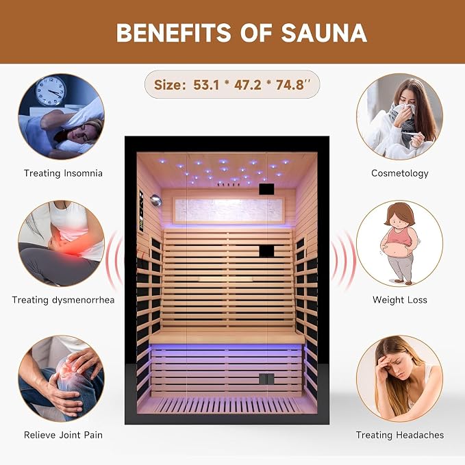 Infrared Sauna 2 Person Low-EMF Far Infrared Sauna for Home Gym Spa | Canadian Hemlock Wood Indoor Dry Saunas with Oxygen Bar, Starry Sky Lights Ceiling, Speakers -2160W 丨 53.1 * 47.2 * 74.8 in