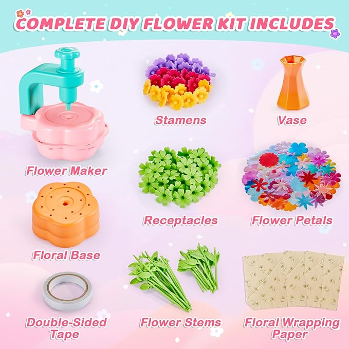 Fabric Flower Bouquets Toys for Girls - Arts & Crafts Gift for Kids Ages 4-9, Mess-Free Fun, Build Your Own Bouquet, DIY Flower-Making Craft Toy Kit, Creative Birthday Gift for Girls