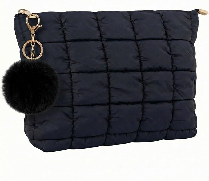Black Puffer Quilted Makeup Bag for Women with Furry Keychains - 10" Roomy Puffy Cosmetic Pouch, Travel Toiletry Organizer Bag (BK-Fu-BK)