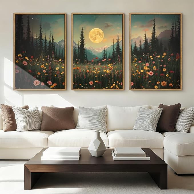 ANHUIB Moon Forest Wildflower Wall Art, Moonlit Pine Tree Wall Decor Dark Mountain Paintings Set of 3 for Living Room Bedroom Dining Room 16x24 Inch