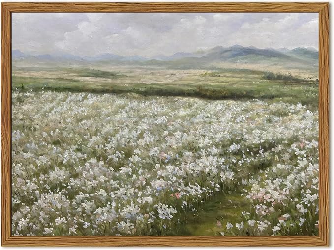Framed Vintage Landscape Wall Art, Country Wildflower Field Pictures Wall Decor, Rustic Nature Flower Paintings Canvas Prints Farmhouse Home Decor for Living Room Bedroom Bathroom 12x16 inch
