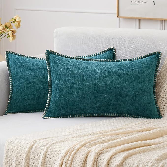 MIULEE Decorative Lumbar Throw Pillow Covers 12x20 Inch Dark Teal 2 Pack | Farmhouse Pillow Covers with Stitched Edge, Soft Chenille Cushion Cases, for Couch Sofa Bed Living Room Home Decor