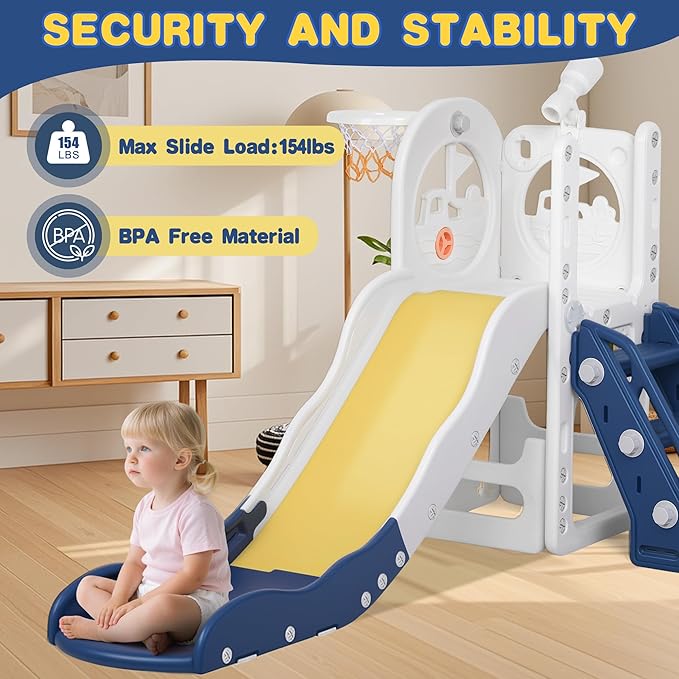 6 in 1 Toddler Playset Toddler Slide and Climber Playset, L-Shaped Kids Slide with Basketball Hoop, Telescope & Storage, Sturdy Indoor Outdoor Playground, for Boys Girls 1-3+
