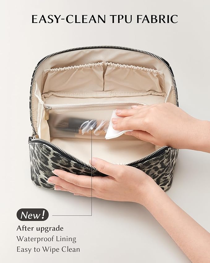 EACHY Travel Makeup Bag, Large Capacity Cosmetic Bag for Women, Waterproof PU Leather, Flat Open Portable Toiletry Bag for Skincare, Brushes & Travel Essentials