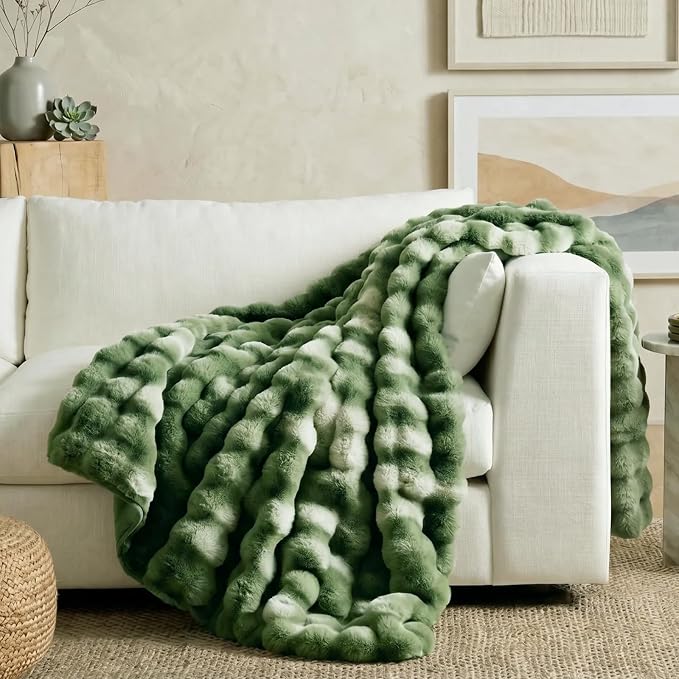 Cozy Bliss Faux Fur Throw for Couch, Fuzzy Soft Plush Thick Bubble Blanket for Sofa Bedroom Living Room, 60x80 Inches Tie-dye Olive Green