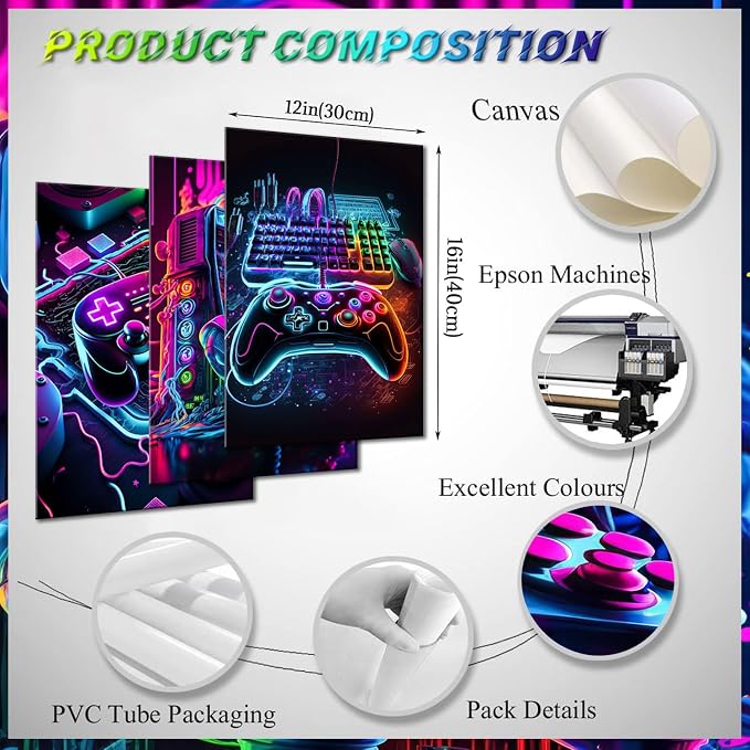 BGFCE Game Room Decor Posters Set of 3 - Neon Gaming Accessories Theme Canvas Wall Art, Gamer Console Paintings Picture Wall Decor for Children Youth Boys Bedroom 12x16 inch Unframed