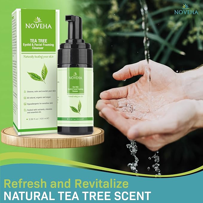 NOVEHA Tea Tree Oil Foaming Gentle Cleanser | Therapeutic Daily Skincare For Eyelash & lids, Eye Irritations, Stye Eyes, Skin Dryness, Moisturize with Organic Ingredients, All Types, 3.38 Ounce