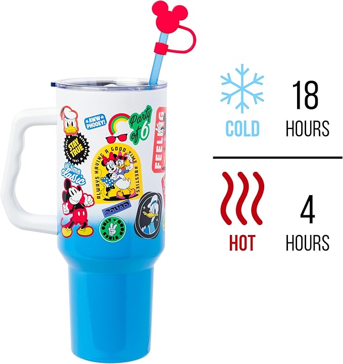 Silver Buffalo Disney Mickey Mouse Stainless Steel Tumbler with Straw Cover, Lid, Straw, and Handle Featuring Donald Duck, Daisy Duck, Minnie Mouse, Mickey Mouse, Goofy, and Pluto, 40 Ounces