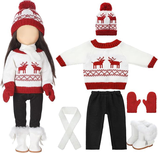 6 Pcs Christmas 18 Inch Doll Clothes and Accessories Winter Outfits Set Sweaters Trousers Hats Shoes for 18 Inch Doll Gift(White and Red,Deer)