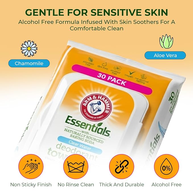 Arm and Hammer Face and Body Wipes for Adults - Deodorant Towelettes 30 Sheets for Women - Shower Wipes for Traveling, Camping, Gym, and Bathing - Alcohol-Free Face Sheets (Clear Water)