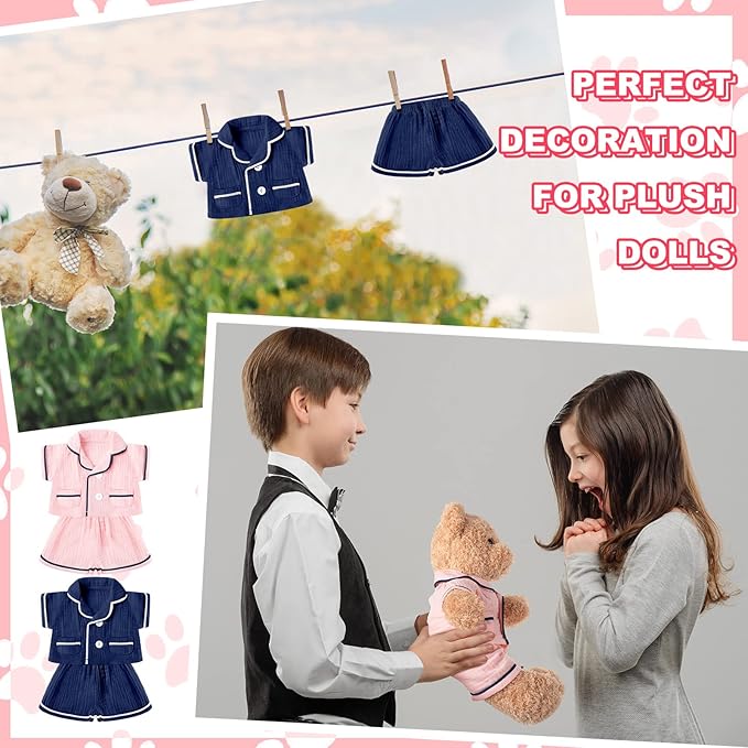 Hungdao 2 Sets Bear Clothes Stuffed Animal Accessories Pink and Blue Bear Pajamas Clothes Double Layer Muslin Short Sleeve Top and Bottom Pajamas Fits Most 14-18 Inch