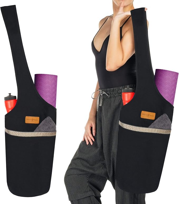 ALLEN & MATE 100% Cotton Canvas Yoga Mat Bag - Shoulder Strap Carrier Large Size Pocket Zipper Storage Yoga Bag holds more Accessories & Pilates Mats