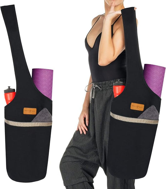 ALLEN & MATE 100% Cotton Canvas Yoga Mat Bag - Shoulder Strap Carrier Large Size Pocket Zipper Storage Yoga Bag holds more Accessories & Pilates Mats