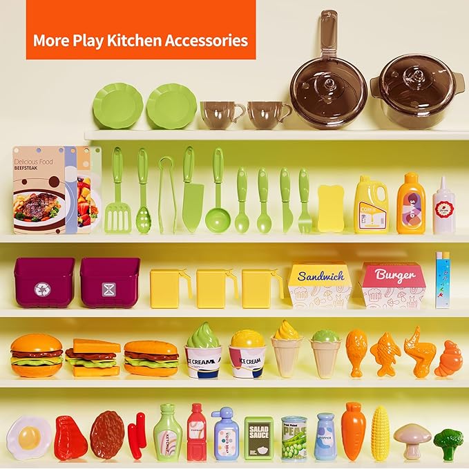 Kids Kitchen Playset, Play Kitchen with Electric Stove, Grill, Sink, Play Food, ToyKitchen Accessories, Kitchen Interactive Play with Lights Sound Steam, Cooking Toys for Toddler Kid Gifts