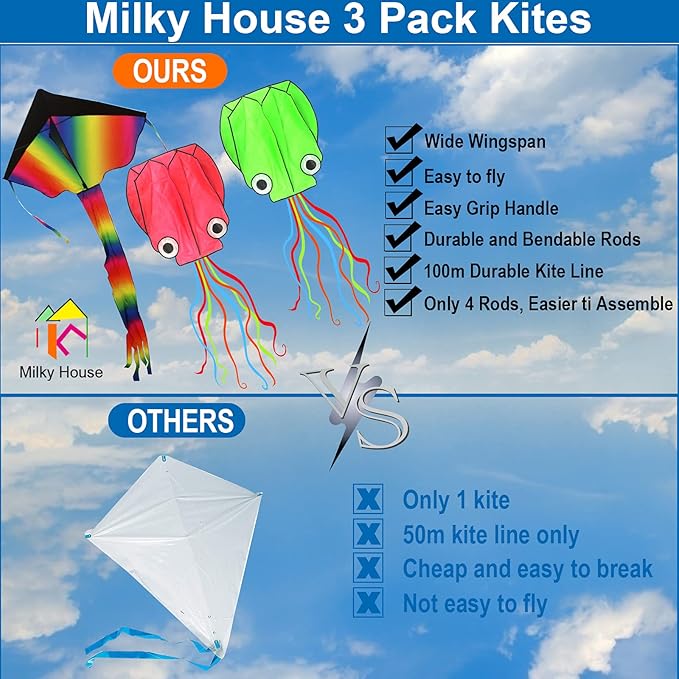 3 Pack Octopus Kite - 3D Beach Kites for People & Kids (Blue, Green, Red) - Easy to Fly, Kite Kit with 100M String
