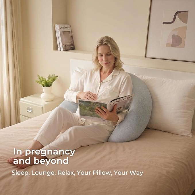 Momcozy Pregnancy Pillows for Side Sleeping, J Shaped Maternity Body Pillow for Pregnancy, Soft Pregnancy Pillow with Cotton Cover for Head Neck Belly Support, Gray