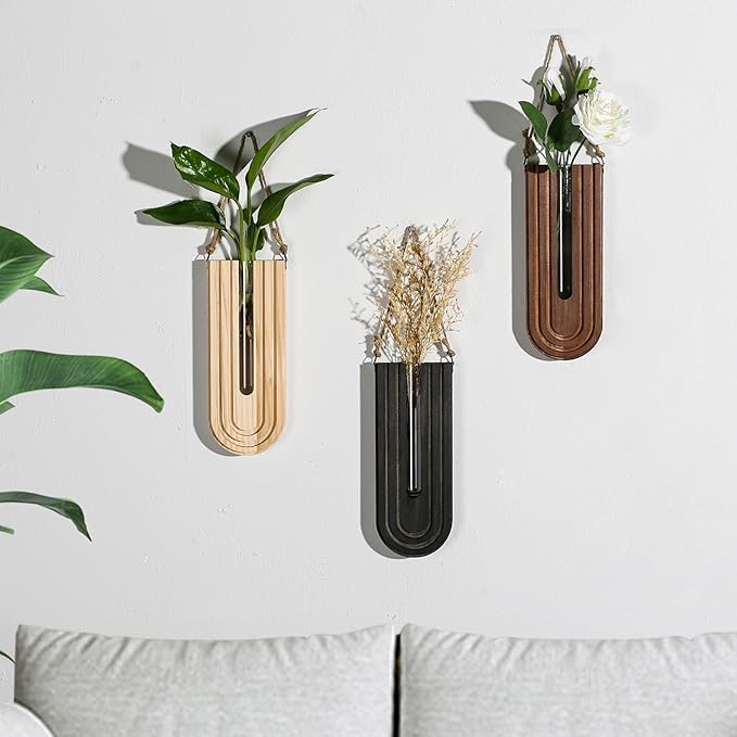 Dnnnii Indoor Wood Wall Planter Set of 3 for Plants - Boho Handmade Hanging Propagation Station with Curved Rainbow Design, Wall Mounted Vase for Flowers, Natural Home Decor Living Room Entryway