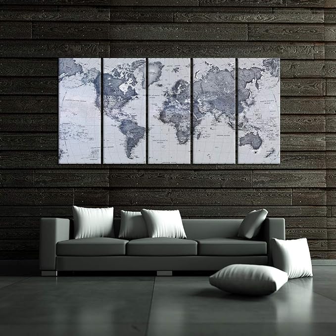 iKNOW FOTO 5 Pieces Vintage World Map Canvas Prints Push Pin Wall Art Decor Trace Travel Marks The Map of The World Antique Framed Picture for Living Room Office 16x40inx5