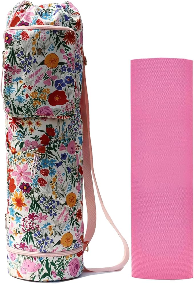 ESVAN Yoga Mat Bag with Multi Pockets Drawstring Yoga Mat Carrier Pilates Exercise Multi-Functional Storage Bag
