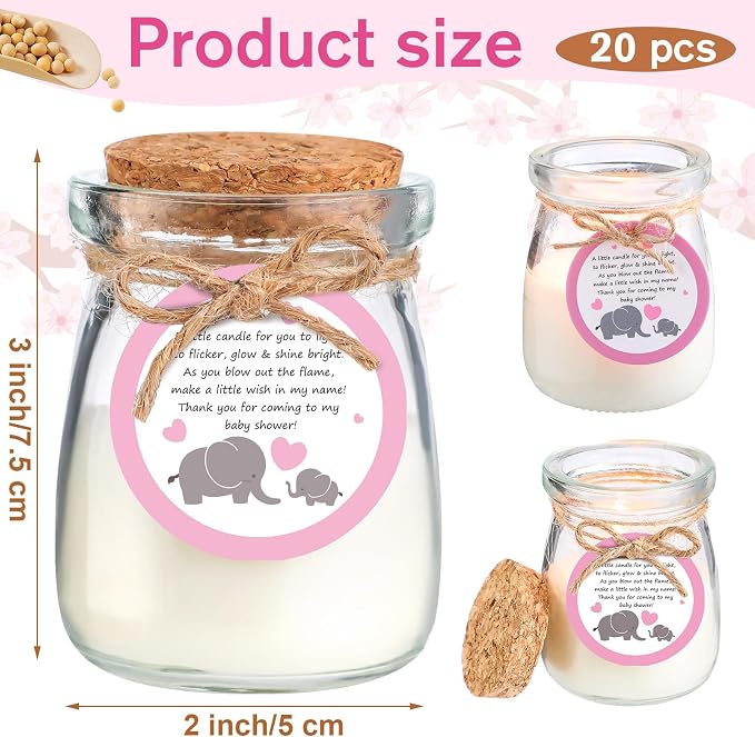 Threlaco 20 Pcs Elephant Baby Shower Favors Party Candle Lavender Scented Glass Mason Jar Wax Candle Bulk for Guests Girl Boy Gender Reveal Party Gifts(Pink)